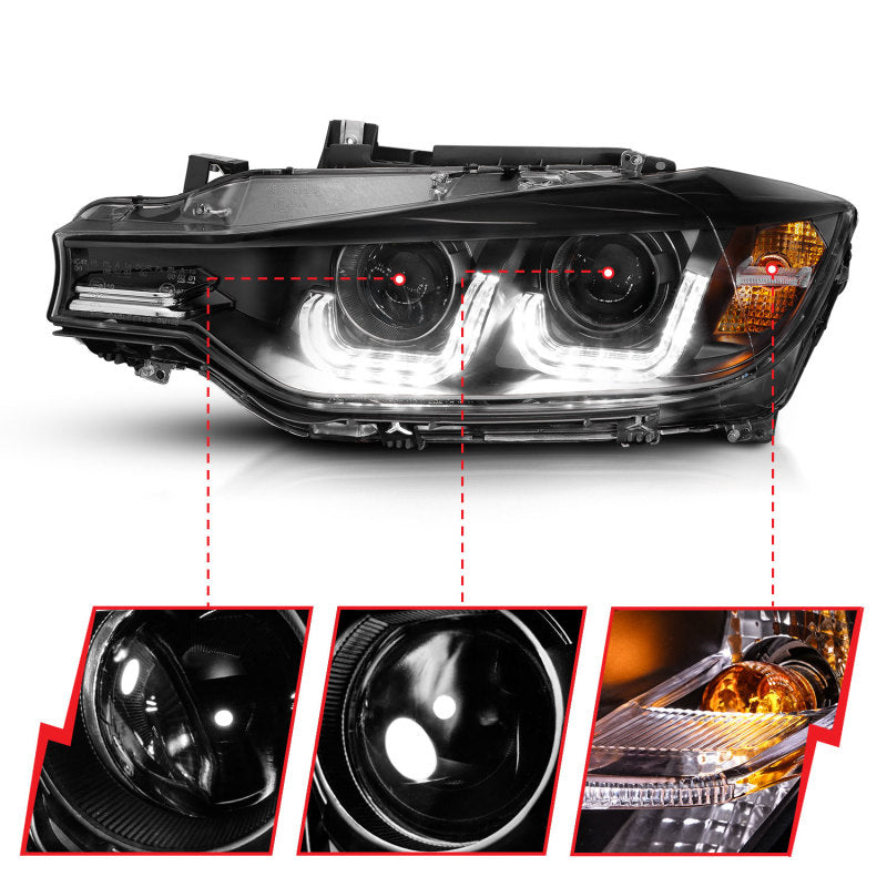 Faros delanteros con proyector ANZO 2012-2015 para BMW Serie 3 con barra en U, color negro