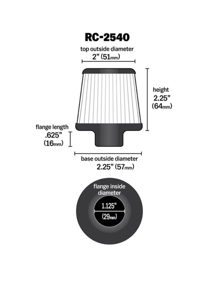 K&N Universal Chrome Filter 1 1/8 inch FLG / 2 1/4 inch Bottom / 2 inch Top / 2.5 inch Height