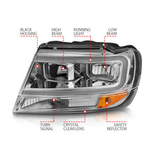 Cargar imagen en el visor de la galería, ANZO 1999-2004 Jeep Grand Cherokee Crystal Headlights w/ Light Bar Chrome Housing