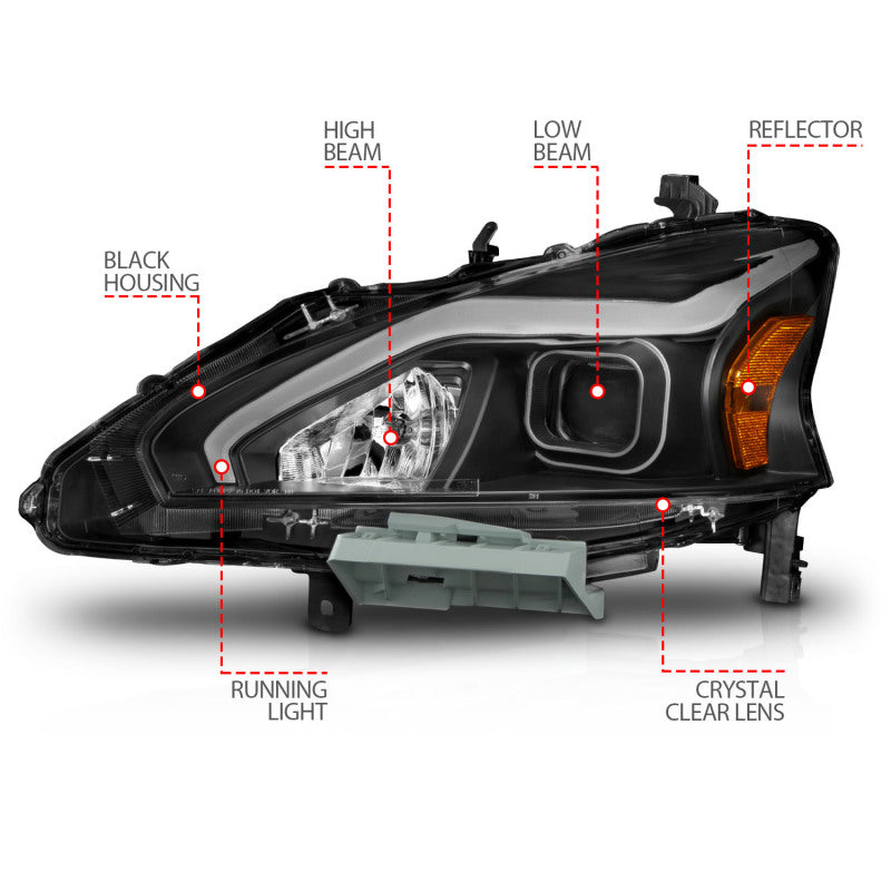 Faros delanteros de proyector ANZO 13-15 Nissan Altima (sin bombillas HID de fábrica) con carcasa negra y barra de luces