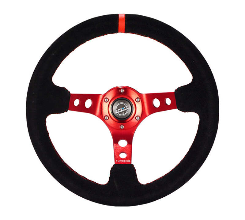 NRG Reinforced Steering Wheel (350mm) Blk Leather/Red Stitch/Red Spoke