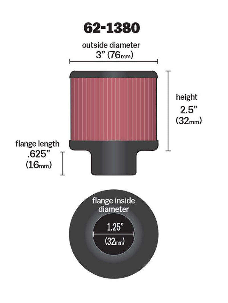 K&N 62-1380 Crankcase Vent Filter — 1.25in Flange ID x 3in OD x 2.5in H Rubber Base