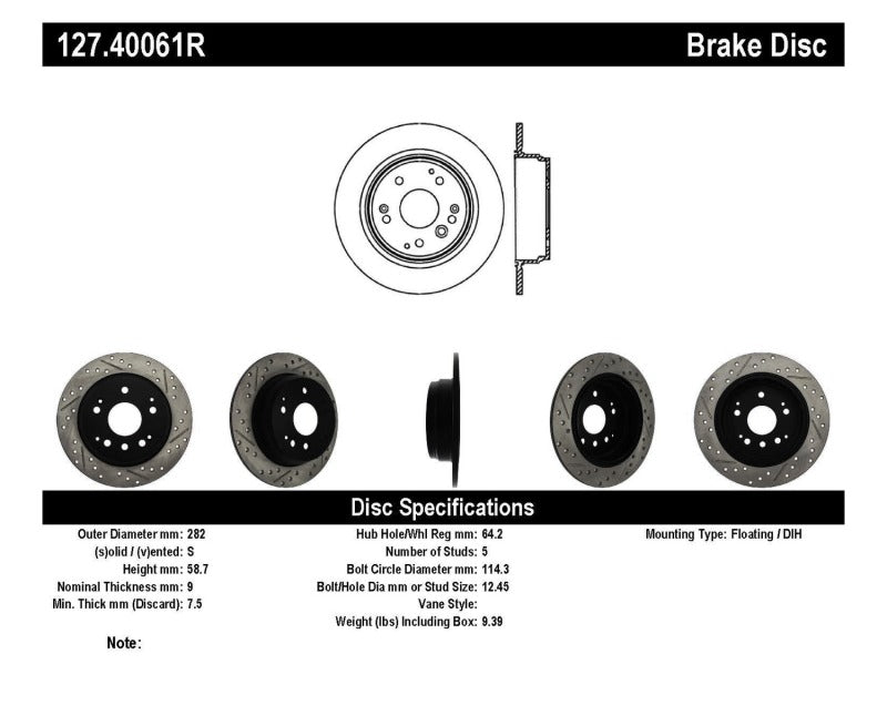 Rotor trasero derecho ranurado y perforado para Acura TL 04-08 / Honda Element 03-09 StopTech