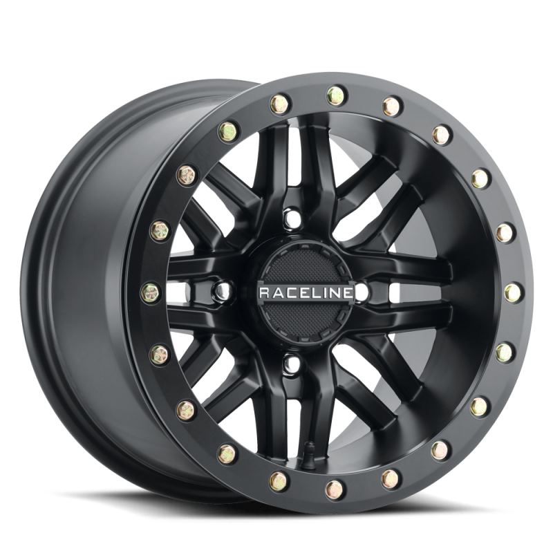 Rueda Raceline A91B Ryno de 15 x 7 pulgadas, 4 x 156 BP, 10 mm de desplazamiento, 132,5 mm de diámetro interior, con bloqueo de talón en negro satinado