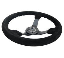 Cargar imagen en el visor de la galería, NRG Reinforced Steering Wheel (350mm / 3in. Deep) Blk Suede/Blk Bball Stitch w/5mm Matte Black Spoke