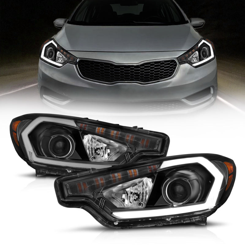 Faros delanteros con proyector ANZO 2014-2016 Kia Forte con barra de luz y carcasa negra con DRL