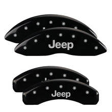 Cargar imagen en el visor de la galería, MGP 4 Caliper Covers Engraved Front &amp; Rear 11-18 Jeep Grand Cherokee Black Finish Silver Jeep Logo