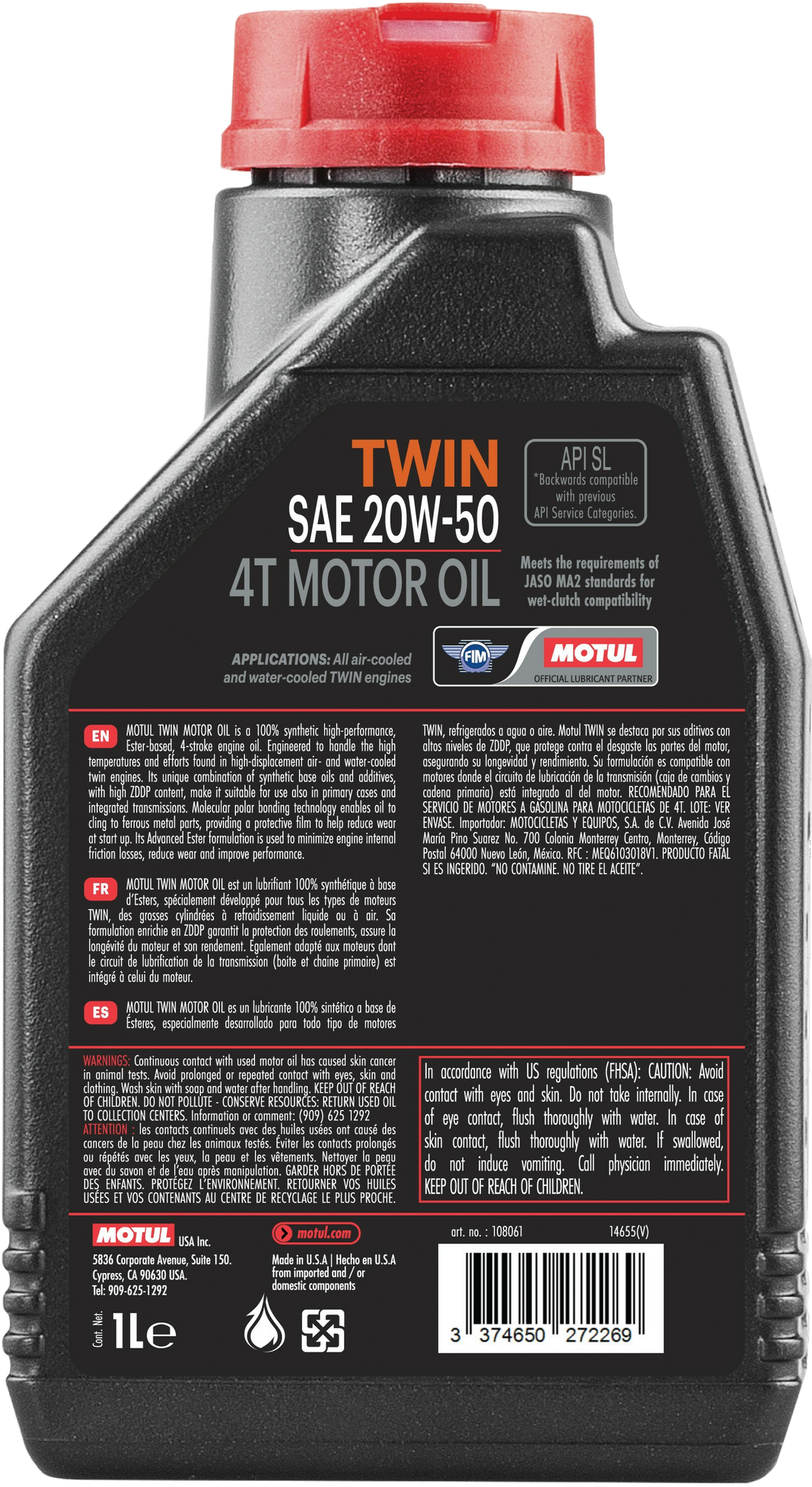 Motul Twin 100% SYN OIL 20W50 1QT (108061)