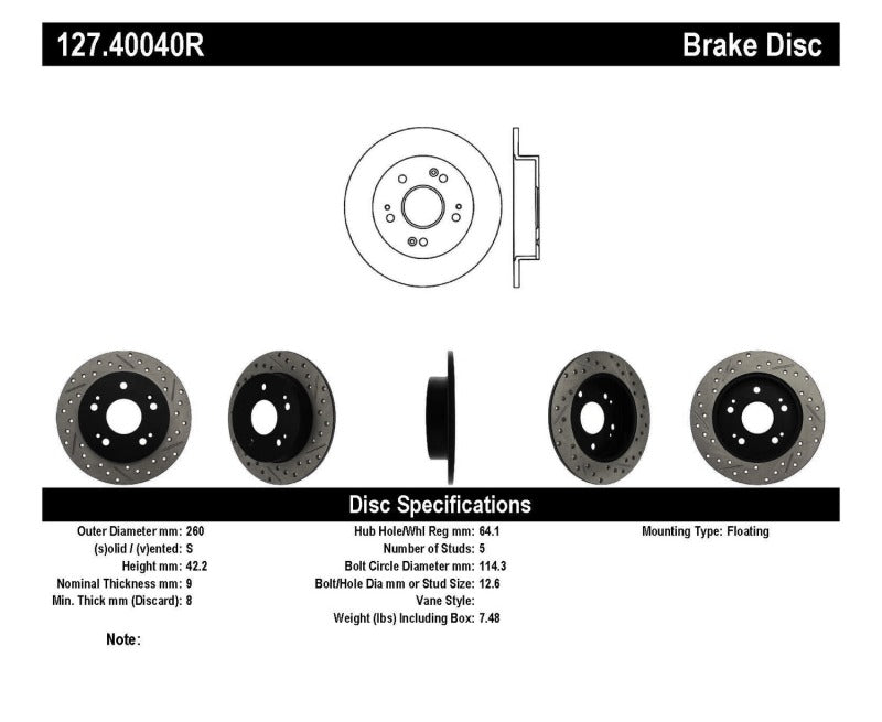 Rotor trasero derecho ranurado y perforado StopTech 06-09 Honda Civic Ex/Si