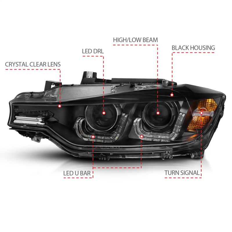 Faros delanteros con proyector ANZO 2012-2015 para BMW Serie 3 con barra en U, color negro