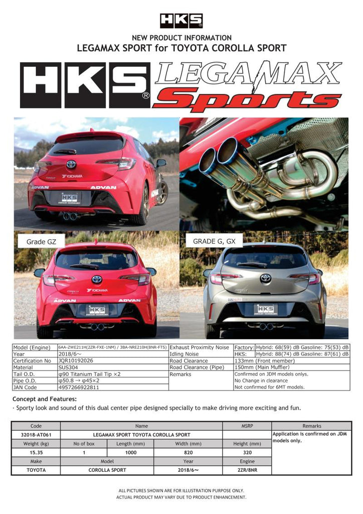 HKS LEGAMAX Deportes 2018 Toyota Corolla Sport 2ZR/8NR