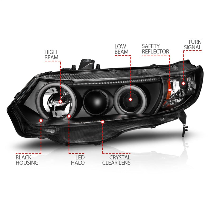 Faros delanteros con proyector ANZO para Honda Civic 2006-2011 con Halo negro (CCFL)