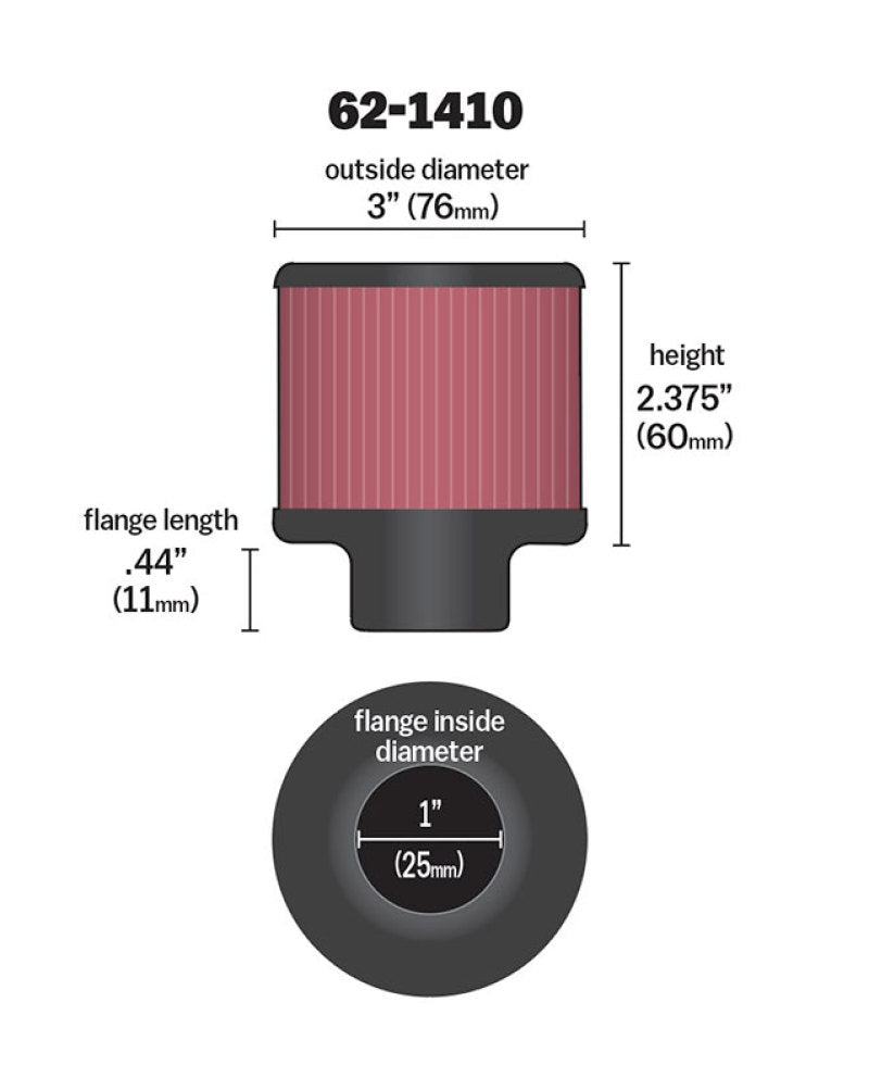 K&N 62-1410 Crankcase Vent Filter — 1in Flange ID x 3in OD x 2.375in H Rubber Base