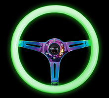 Cargar imagen en el visor de la galería, NRG Classic Wood Grain Steering Wheel (350mm) Glow-N-The-Dark Green Grip w/Neochrome 3-Spoke Center