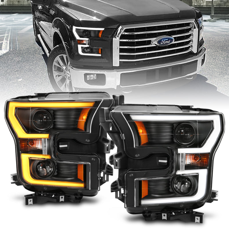 ANZO 2015-2017 Ford F-150 Projector Headlights w/ Plank Style Switchback Black w/ Amber