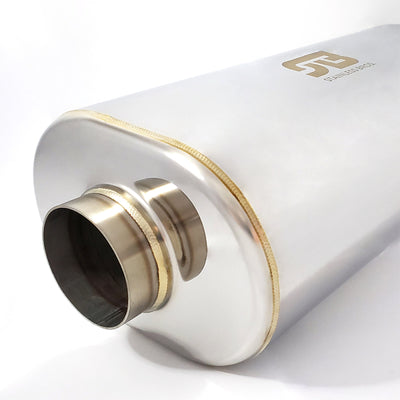 Stainless Bros Thin Oval Muffler 2.5in Offset In/Out SS304 Polished — Fits Universal