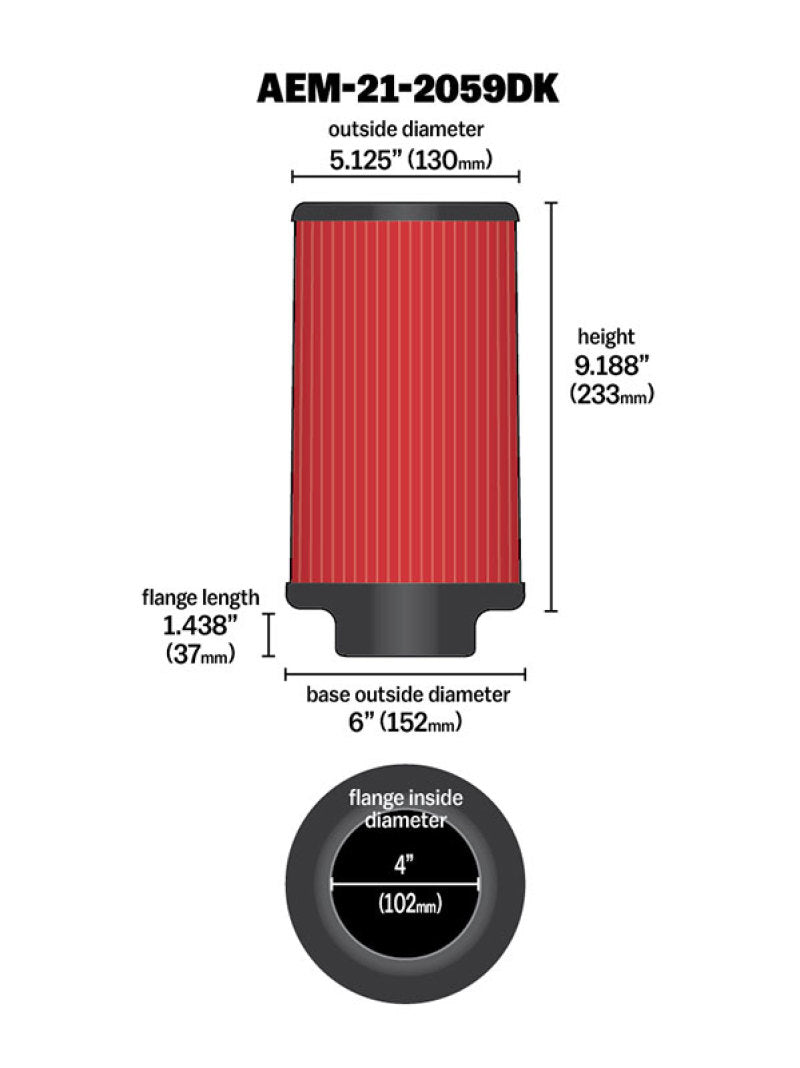 AEM Dryflow Air Filter Element 4in x 9in — Universal Fit