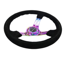 Cargar imagen en el visor de la galería, NRG Reinforced Steering Wheel (350mm / 3in. Deep) Blk Suede/Blk Stitch w/Neochrome Slits