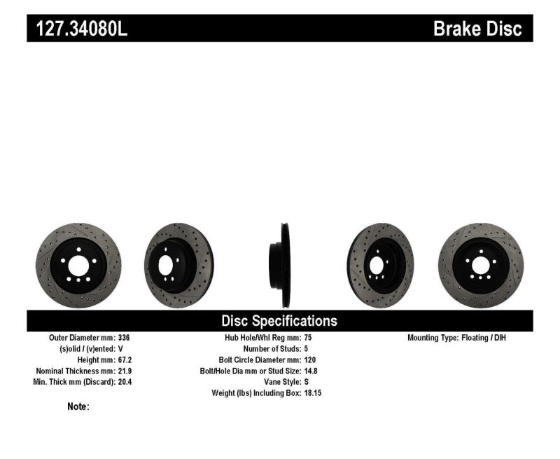 Rotor trasero izquierdo ranurado y perforado StopTech 06 BMW 330 / 07-09 BMW 335