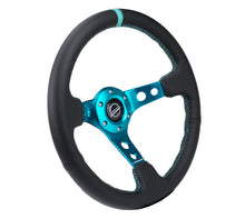 Cargar imagen en el visor de la galería, NRG Reinforce Steering Wheel (350mm / 3in. Deep) Blk Leather, Teal Center Mark w/ Teal Stitching