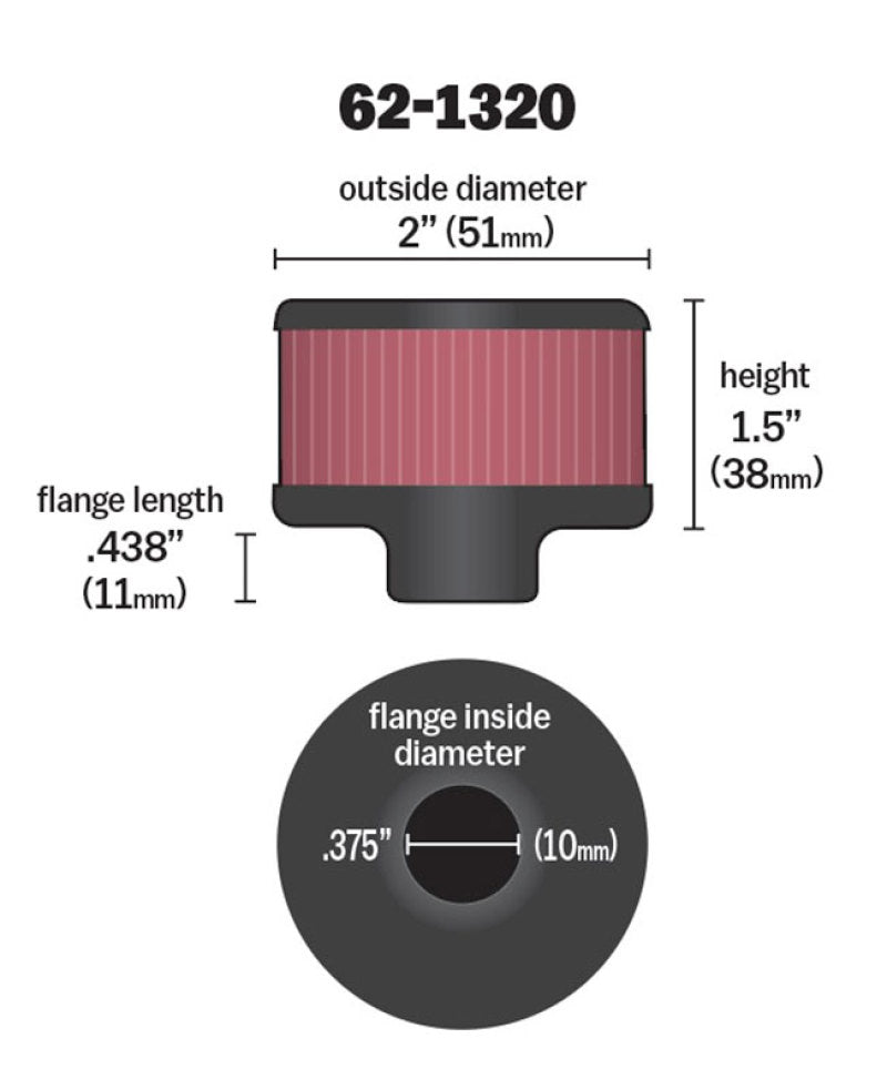 K&N 62-1320 Crankcase Vent Filter - 0.375in Flange ID Rubber Base Clamp-On
