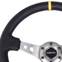 Cargar imagen en el visor de la galería, NRG Reinforced Steering Wheel (350mm / 3in. Deep) Blk Leather w/Gunmetal Cutout Spoke &amp; Yellow CM