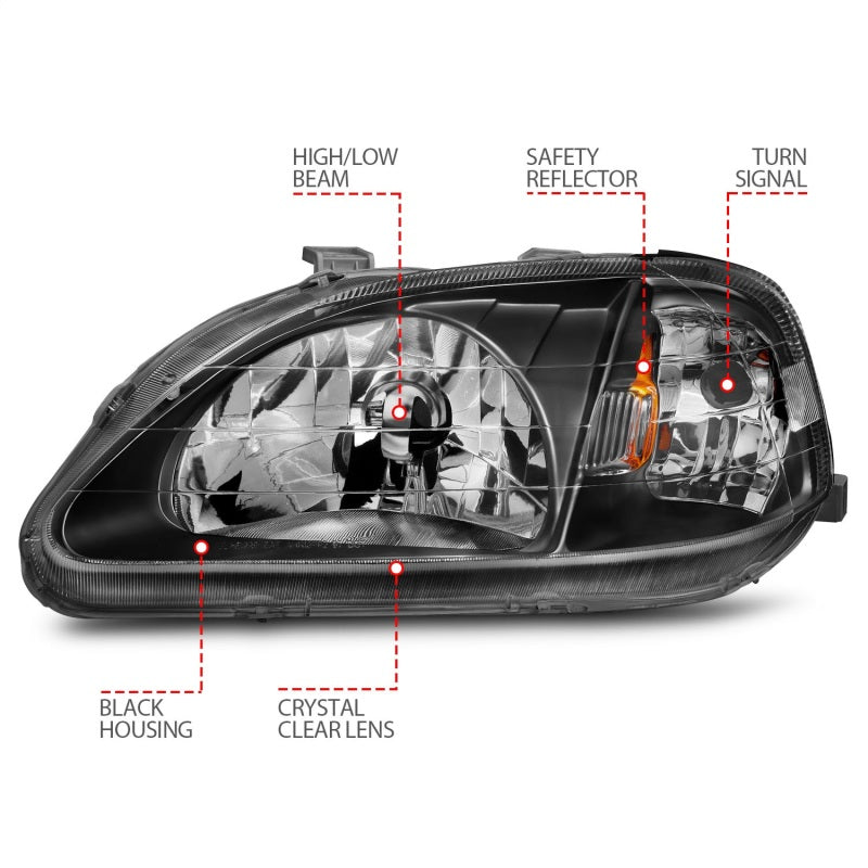 Faros delanteros de cristal para Honda Civic ANZO 1999-2000, color negro