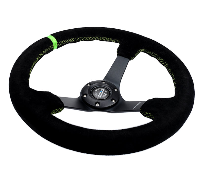 NRG Reinforced Steering Wheel 350mm/3in. Deep Blk Suede/ Neon Green Stitch w/5mm Matte Black Spoke