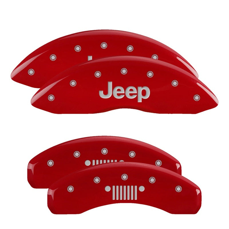 Cubiertas de pinza MGP 4 Logotipo de JEEP grabado en la parte delantera y en la parrilla trasera, acabado en rojo y caracteres plateados