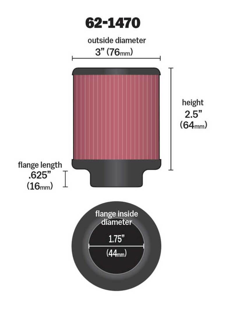 K&N 62-1470 Crankcase Vent Filter - 1.75in Flange ID x 3in OD x 2.5in H Rubber Top