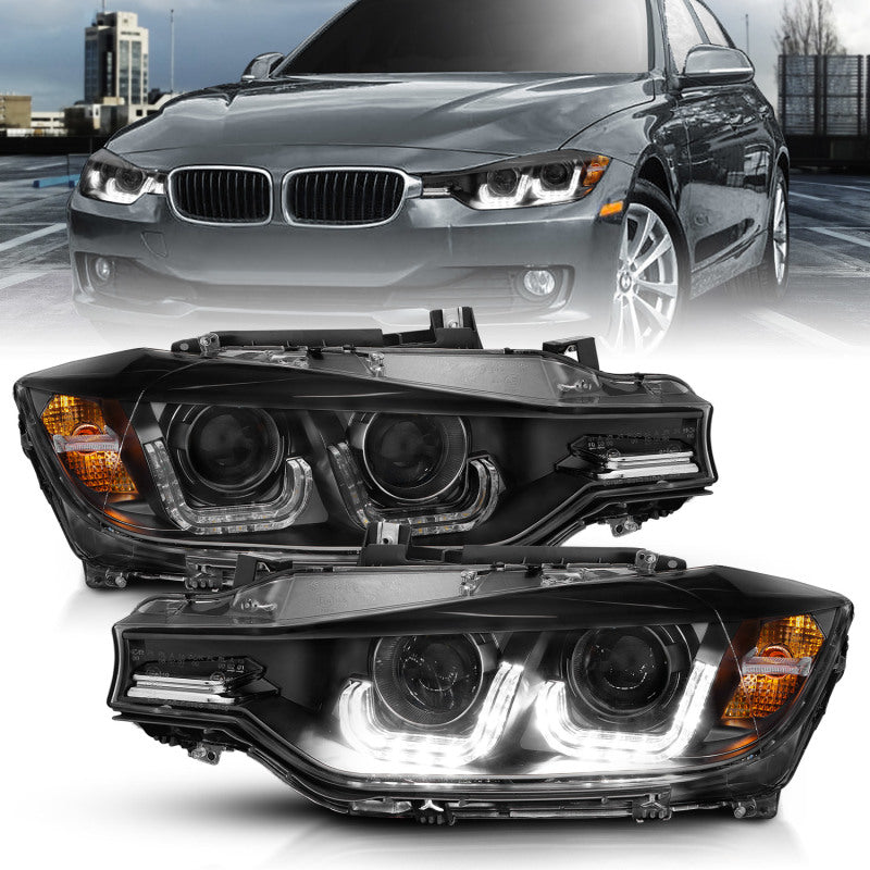 Faros delanteros con proyector ANZO 2012-2015 para BMW Serie 3 con barra en U, color negro