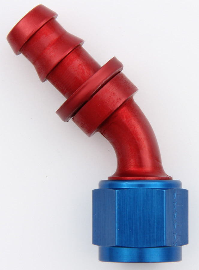 #10 45-Degree Aluminum Hose Fitting in Blue & Red Anodized Finish