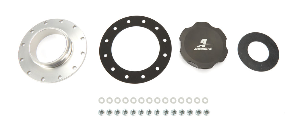 Tapa de llenado del sistema de combustible Aeromotive con rosca de 3 pulgadas de diámetro y brida de 12 pernos, color negro