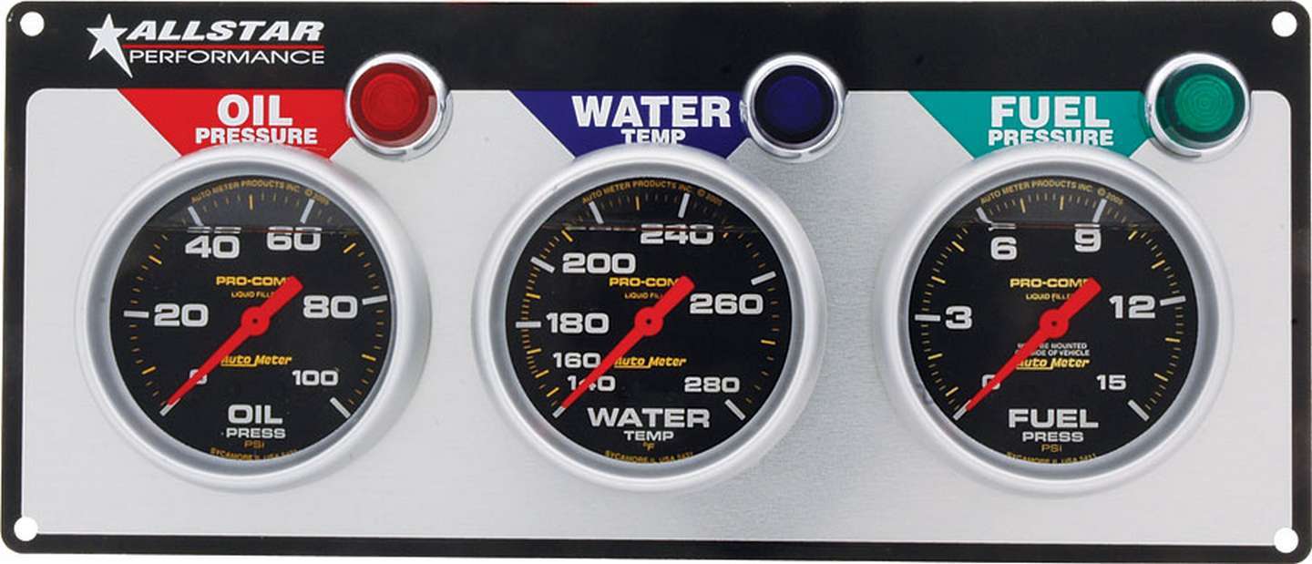 Allstar Performance 3 Gauge Panel A/M OP/WT/FP Liquid Filled
