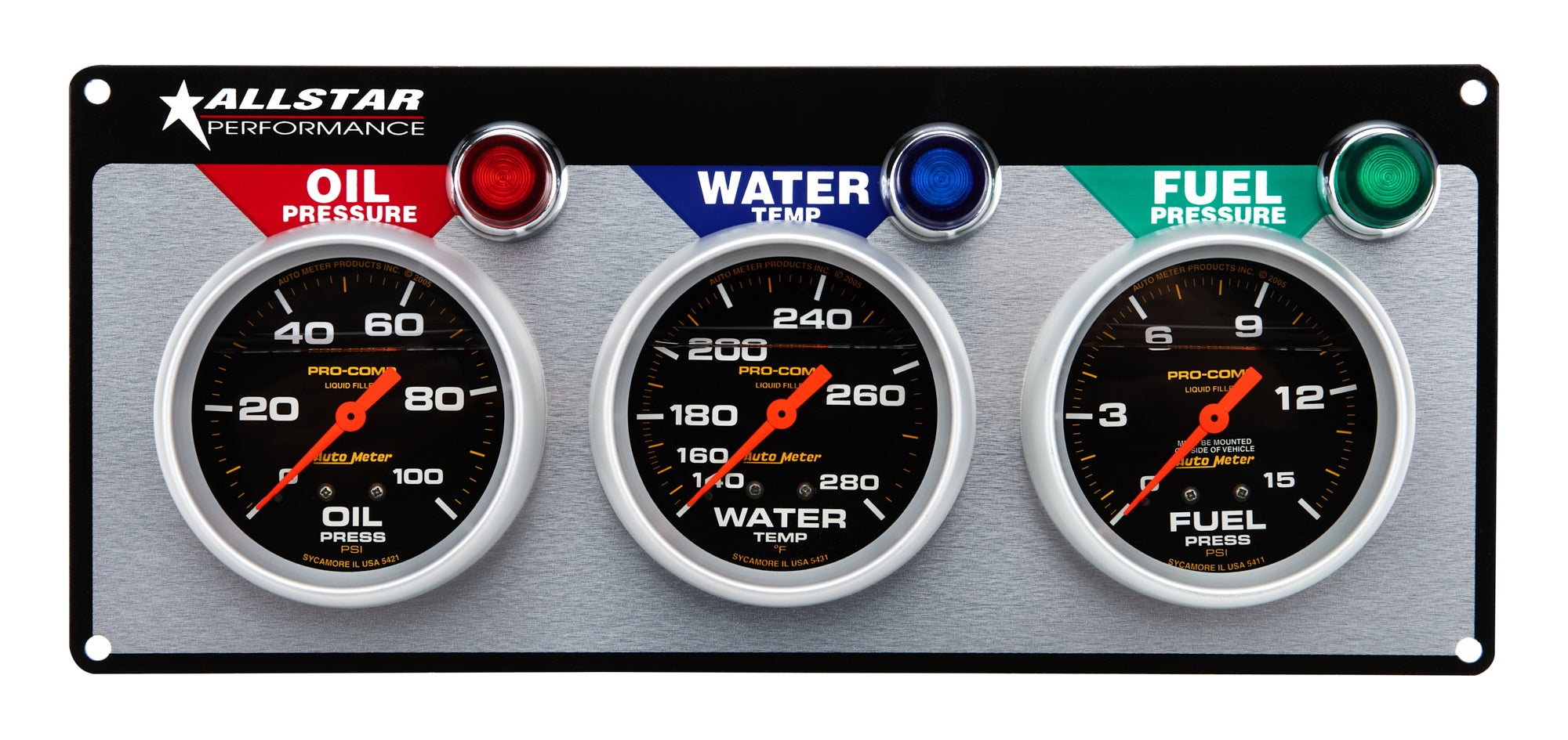 Allstar Performance 3 Gauge Panel A/M OP/WT/FP Liquid Filled