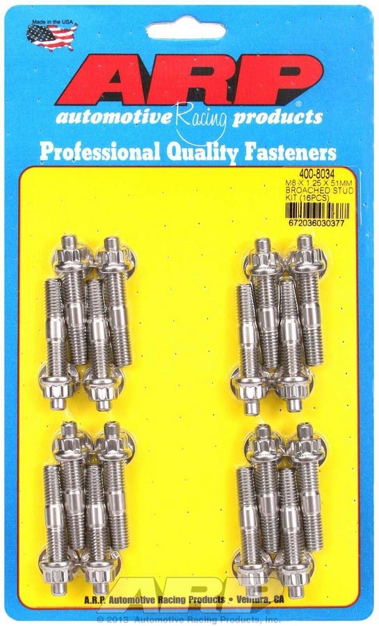 Auto Racing Products S/S Stud & Nut Kit (16) 8mm x 1.25in x  51mm