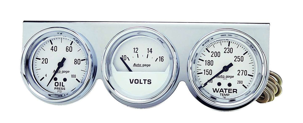 AutoMeter GAUGE CONSOLE, OILP/WTMP/VOLT, 2 5/8", 100PSI/280?F/16V, WHT DIAL, CHRME BZL, AG