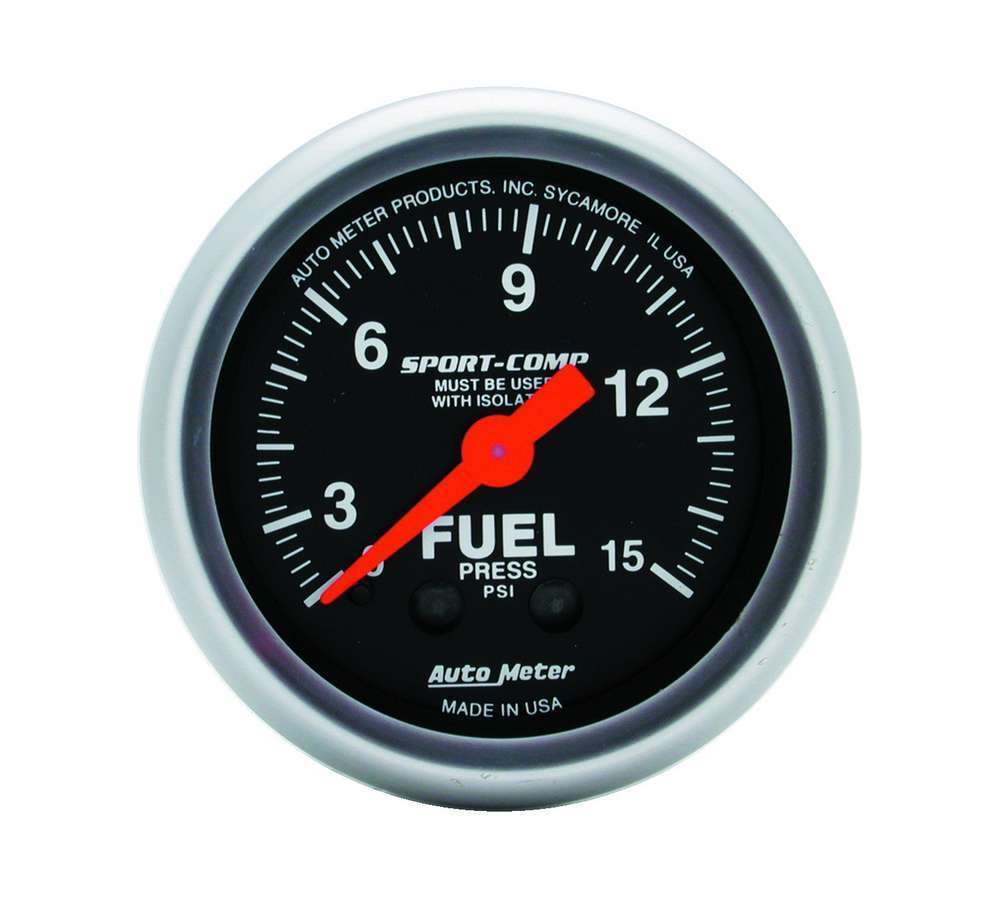 AutoMeter GAUGE, FUEL PRESSURE, 2 1/16" , 15PSI, MECHANICAL W/ISOLATOR, SPORT-COMP