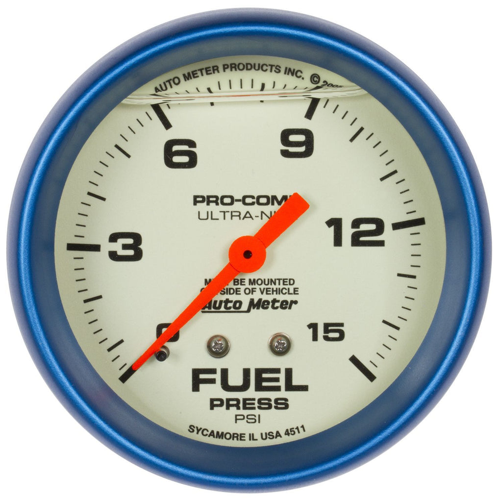 MEDIDOR DE PRESIÓN DE COMBUSTIBLE AutoMeter, 2 5/8", 15 PSI, MECANISMO LLENO DE LÍQUIDO, BRILLA EN LA OSCURIDAD, ULTRA-NITE