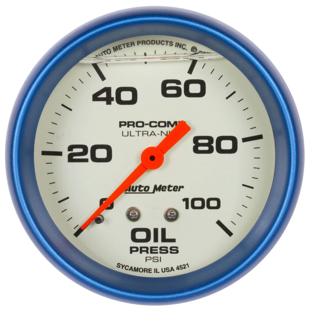 MANÓMETRO AutoMeter, PRENSA DE ACEITE, 2 5/8", 100 PSI, MECANISMO LLENADO DE LÍQUIDO, BRILLA EN LA OSCURIDAD, ULTRA-NITE