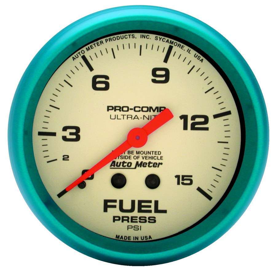 AutoMeter GAUGE, FUEL PRESS, 2 5/8" , 15PSI, MECH., GLOW IN THE DARK, ULTRA-NITE