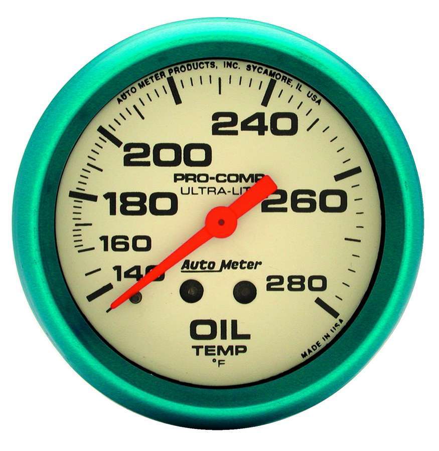 AutoMeter GAUGE, OIL TEMP, 2 5/8" , 140-280 Degrees F, MECH., GLOW IN THE DARK, ULTRA-NITE