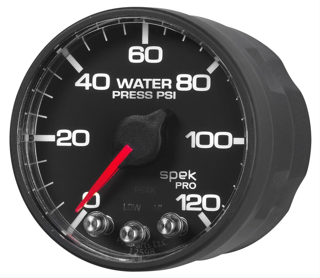 AutoMeter GAUGE, WATER PRESS, 2 1/16", 120PSI, STEPPER MOTOR W/PEAK & WARN, BLK/BLK, SPEK