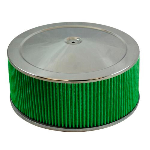 Green Filter USA 2196 Chrome Steel Air Cleaner Assembly 14"x6" Flat Base — 5-1/8" Carb Flange