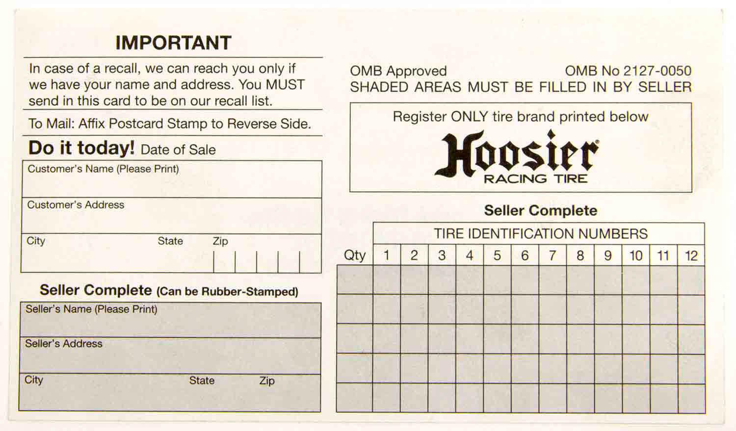 Hoosier Racing Tires Hoosier Registration Card