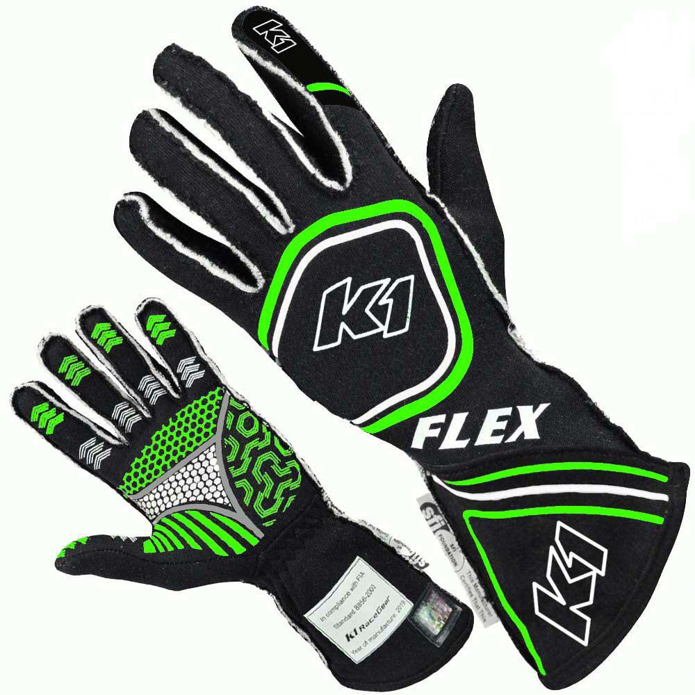 K1 RaceGear Glove Flex Medium Black / Flo Green SFI / FIA