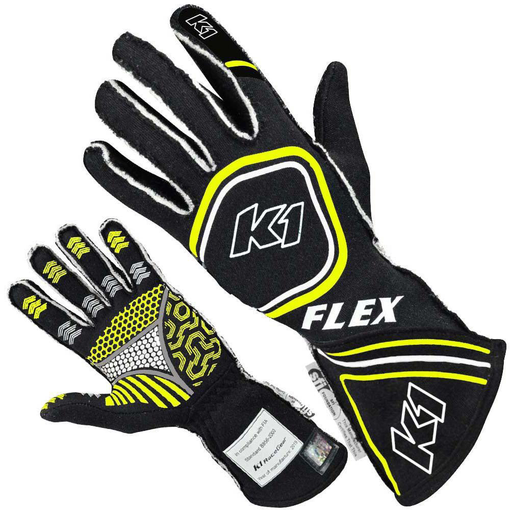 K1 RaceGear Glove Flex Large Black / Flo Yellow SFI / FIA