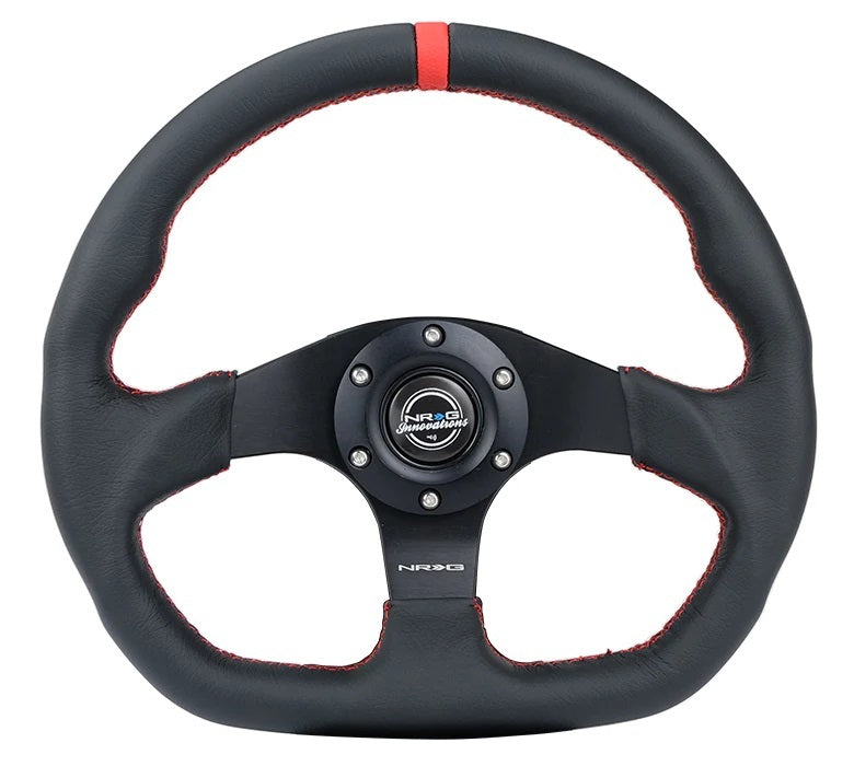 NRG Innovations Steering Wheel 320mm Flt Bottom Blk Leather w/Red
