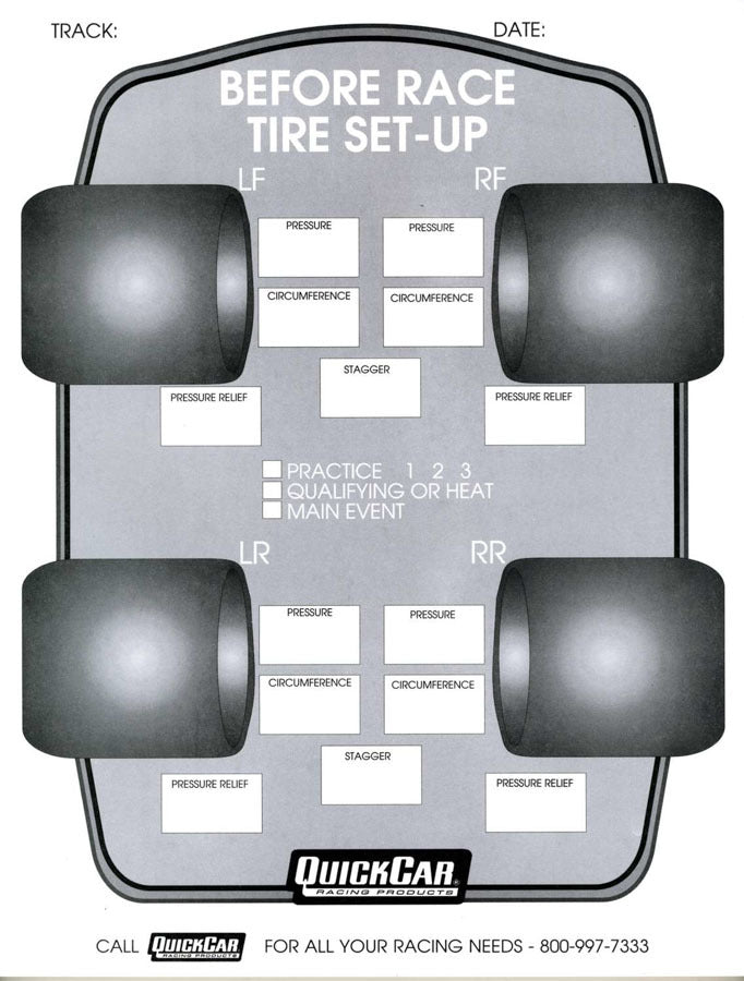 Quickcar Racing Before Race Tire Set-Up Forms (50 PK)