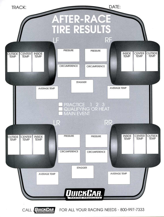 Quickcar Racing After Race Tire Set-Up Forms (50 PK)